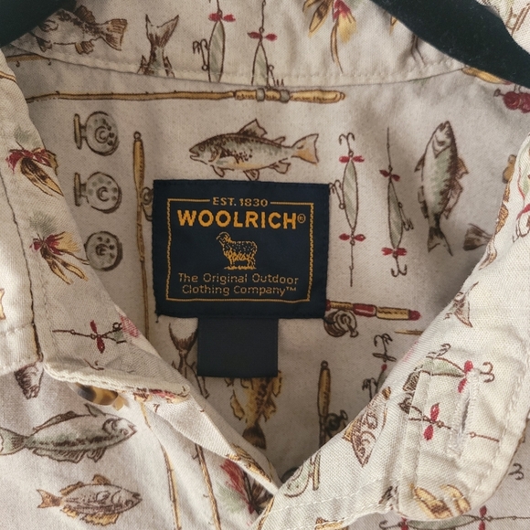 Woolrich Vintage Fly Fishing All Over Print Short Sleeve Button Down Tan Medium - Picture 2 of 9